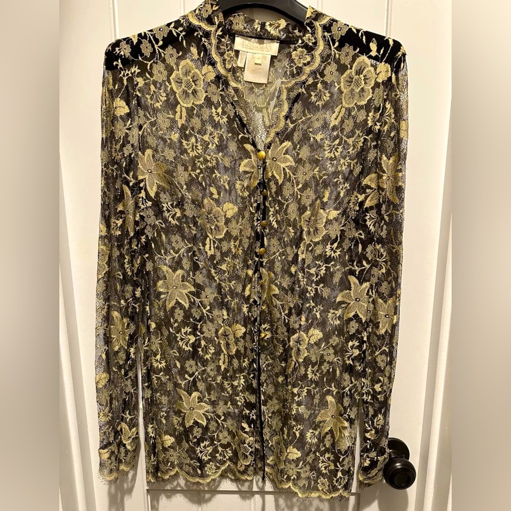 Escada Sheer Blouse Button Up Size 38 US 8 Black And Gold Lace